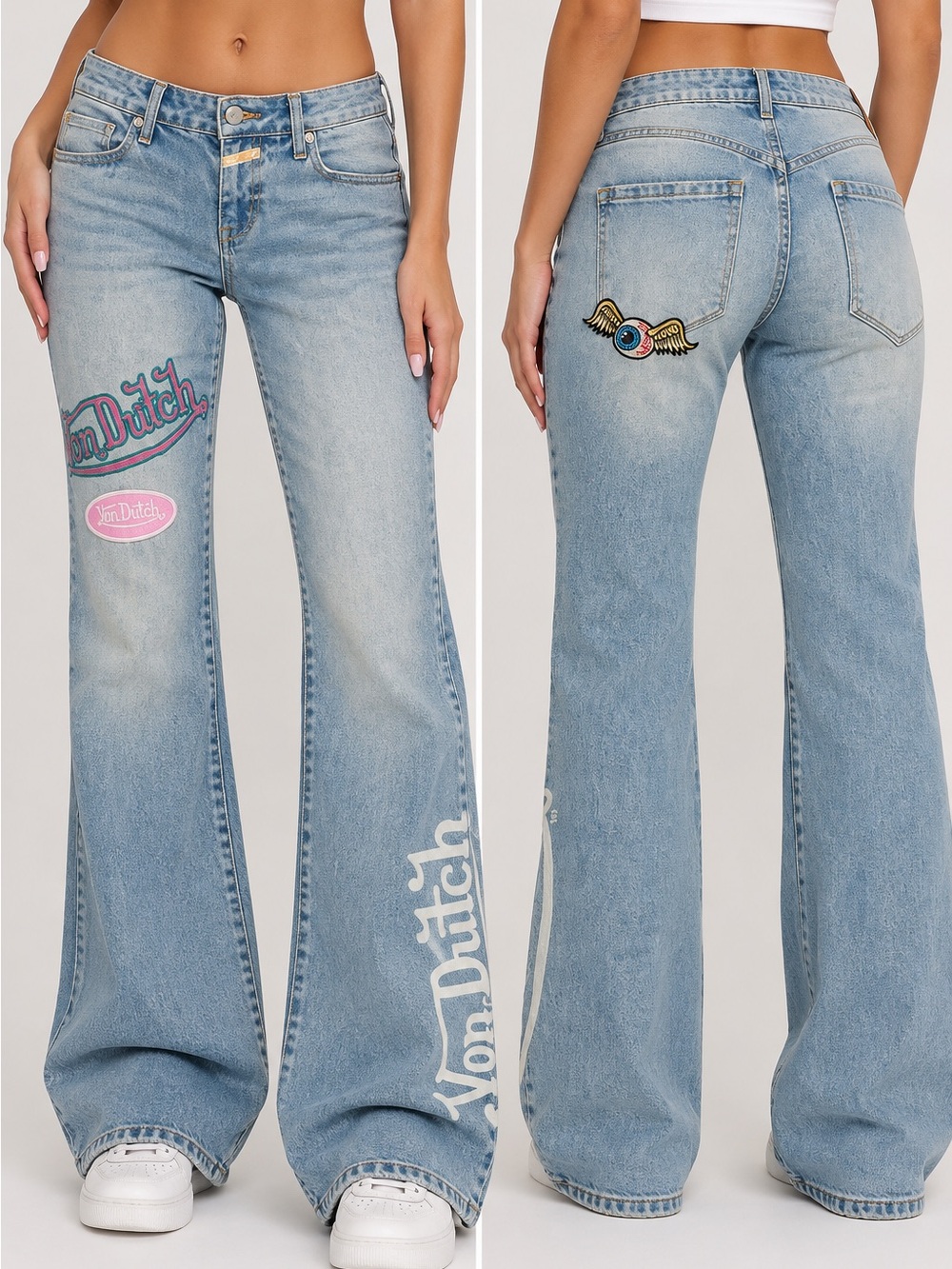 Von Dutch Light Blue Denim Flare Jeans with Logo Patches